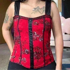 Pinkeli Women’s Red & Black Button Up Lace Corset Top NWOT 1X